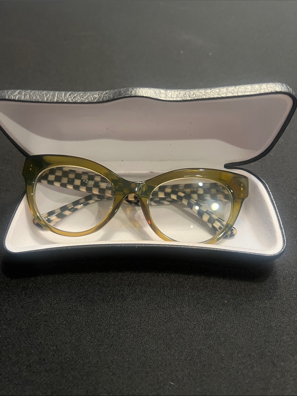 Olive Green Cat-Eye Glasses with Checkered Temples